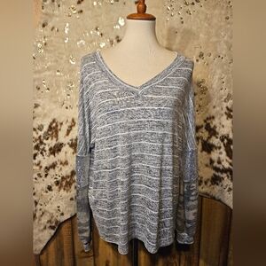 Gray Striped Women's Top With Sequin And Camo Sleeves